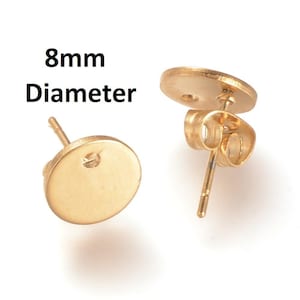 10 pezzi (5 paia) Perni/basi/borchie/montature per orecchini in acciaio inossidabile 304 color oro - Lunghezza 12 mm - Diametro 8 mm - Dimensione del foro: 1 mm