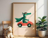 Alligator Nursery Wall Art Printable, Animal Driving Car Poster, Superhero Nursery Decor, Room Car Theme, Kids Adventure Digital Download