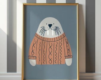 Walrus in Sweater Wall Art Printable, Cozy Animal Nursery Print, Kids Room Decor Poster