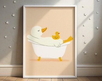 Bath Time Duck Nursery Wall Art Printable, Rubber Duck Bathroom Decor, Cute Animal Bath Poster, Kids Bathroom Wall Art, Digital Download