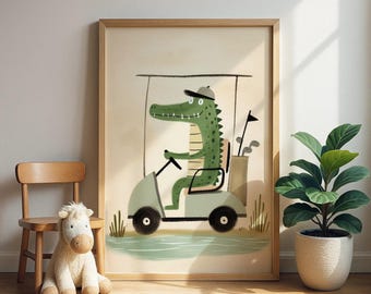 May include: A framed art print featuring a cartoon alligator driving a golf cart. The alligator is green and wearing a cap. The golf cart is light green, and the background is a light beige color. Golf clubs are in a bag in the back of the cart.