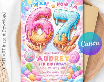 Pink Six Seven Party Invitation Template, Ice Cream Kids Birthday Evite, I Was 6 Now 7 Meme Theme, Summer Vacation! R534