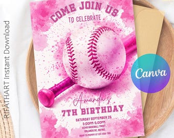 Pink Baseball Birthday Party Invitation, Sports Birthday Invitation, Swing On Over, Digital Baseball Birthday Invite