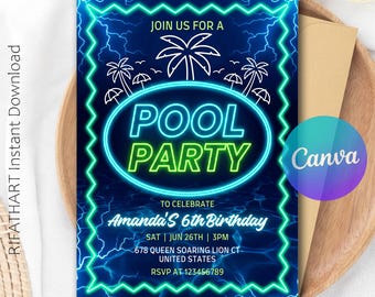 Pool Party Birthday Invitation, Blue Green Pool Birthday Canva Template, Neon Glow Swim Invite For Boys, Editable Canva R558
