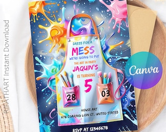 Könnte beinhalten: Einladung zum Thema Kunst mit Farbspritzern und einem Schürzen-Design. Der Text lautet "Dress for a Mess" und kündigt Jaquins 5. Geburtstagsparty an. Enthält Datum, Uhrzeit und RSVP-Informationen.