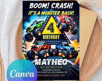 Monster Truck Birthday Invitation: Editable 5x7 Digital Download