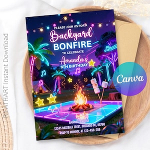 Könnte beinhalten: Eine Einladung zum 8. Geburtstag von Amanda mit dem Thema Lagerfeuer im Garten. Das Design zeigt Neon-Palmen, Noten und ein Lagerfeuer. Der Text lautet "Backyard Bonfire" und "Amanda's 8th Birthday". Das Canva-Logo ist sichtbar.
