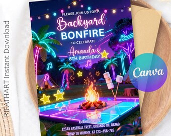 Puede incluir: Una vibrante invitación para el 8º cumpleaños de Amanda, con temática de fogata en el jardín. El diseño incluye palmeras de neón, notas musicales y una fogata. El texto dice "Backyard Bonfire" y "Amanda's 8th Birthday". El logo de Canva es visible.