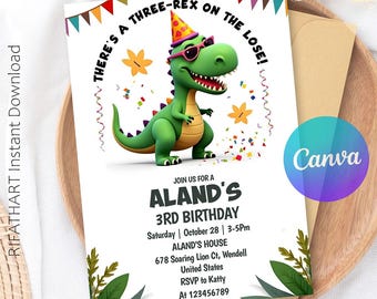 Three Rex Dinosaur Birthday Party Invitation Boys Third Birthday Dino Party, Three-Rex On The Loose Canva Template 5" X 7"