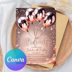 Editable Rose Gold Invitation Template Rose Gold Birthday Invitation 40Th,  Rose Gold Birthday Invitation 50Th