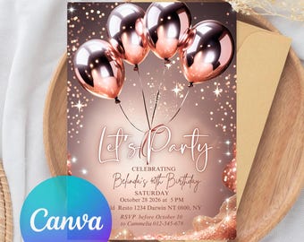 Rose Gold Birthday Invitation Template: Editable Canva Design (Digital Download)