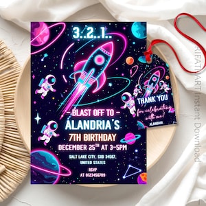 Neon Galaxy Party Invitation, Neon Space Birthday Party Invitation, Astronaut Theme,, Outer Space Birthday Invite, Digital Invitations