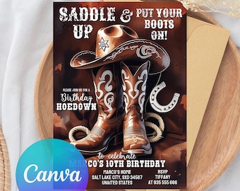 Editable Western Cowboy Birthday Invitation: Hoedown Party (Digital Download 5x7" CANVA Template)