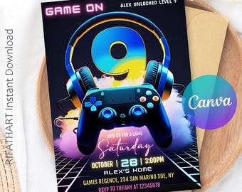 May include: A digital invitation with a gaming theme. The design features a large number 9, a game controller, and headphones. Text includes "GAME ON", "ALEX UNLOCKED LEVEL 9", and event details for a Saturday game. The invitation is on a wooden tray.
