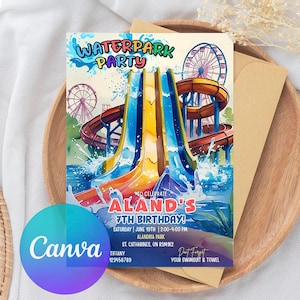 Water Park Birthday Invitation: Waterslide Pool Party, Canva Template (5x7 Digital Download)