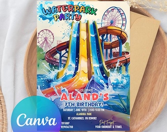 May include: A waterpark party invitation featuring a watercolor illustration of water slides, a Ferris wheel, and water splashes. The invitation includes the text "WATERPARK PARTY" and details for Aland's 7th birthday, including the date, time, and location.