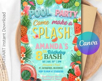 Pool Party Birthday Invitation, Pool Party Birthday, Pool Party Invite, Girls Teenage Birthday, Summer Pool Party, Canva Template R374