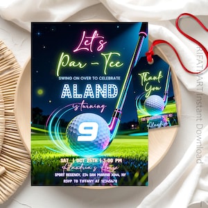 May include: A golf-themed invitation and thank you tag set. The invitation features a golf ball, club, and the text "Let's Par-Tee" with the name "Aland" and the number "9". The thank you tag has a golf ball and the words "Thank You".