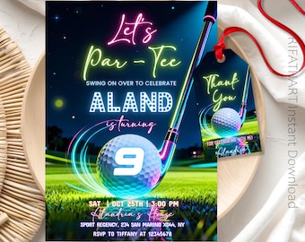 Invito di compleanno per minigolf, festa luminosa, invito per festa di golf per ragazzi e ragazze, invito per festa di golf, festa di compleanno sportiva, Let'S Par Tee