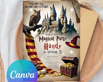 Könnte beinhalten: Eine themenbezogene Einladung für eine magische Party. Das Design zeigt ein Schloss, eine Eule, einen Besen und einen Zaubererhut. Die Einladung lautet "Aufruf an alle Zauberer und Hexen" und enthält Party-Details. Das Canva-Logo ist unten links sichtbar.