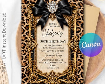 Cheetah Print Birthday Invitation, Black Bow Cheetah Invite, Coquette Bow Invite, Adult Party Invite, Editable Canva Template R503