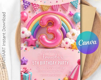 May include: A pink birthday party invitation card featuring a large glossy pink number 3, a colorful rainbow, white clouds, stars, and bunting flags. The text reads Join us to celebrate Amanda's 5TH BIRTHDAY PARTY, SAT | OCT 25 | 3-5PM, 678 Queen Soaring Lion CT, RSVP AT 123456789.