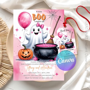 Pink Ghost Baby Shower Invitation: A Little Boo, Editable Canva Template (Digital Download)