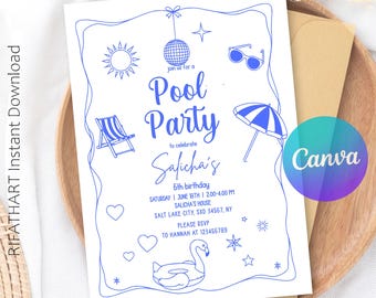 Può includere: Un invito bianco con grafica a linee blu per una festa in piscina. L'invito include illustrazioni di un sole, occhiali da sole, una sedia a sdraio, una palla da discoteca, un ombrellone e un galleggiante a forma di fenicottero. Il testo recita "Pool Party".