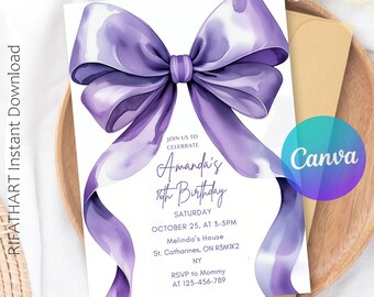 Lavender Bow Birthday Invitation: Editable Coquette Party Invite (Digital Download)