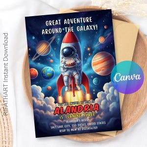 Inbjudan till astronautfödelsedag: Rymdgalax-tema (digital nedladdning, 5x7 Canva-mall)
