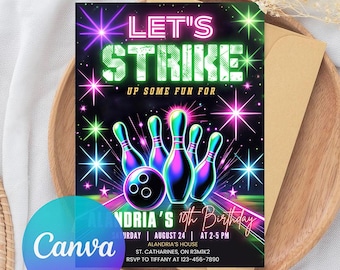 Neon Bowling Birthday Invitation: Editable Party Invite (Digital Download)