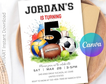 All Star Sports Birthday Invitation, Editable Digital Invite, Printable Kids Party Card, Fun Multi Sport Celebration