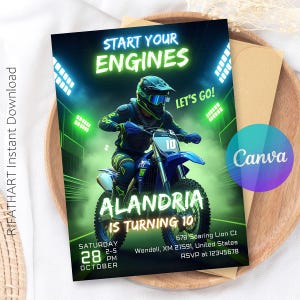 May include: A digital invitation card with a motocross theme. The card features a rider on a blue motorcycle, with the text "Start Your Engines" and "Alandria is Turning 10". The date and time are also included.