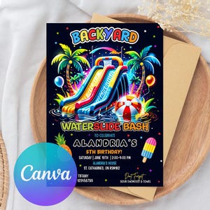 May include: A vibrant invitation for a backyard waterslide bash, featuring a colorful waterslide, palm trees, and a beach ball. The invitation includes event details for Alandria's 5th birthday, with the text "Backyard Waterslide Bash".
