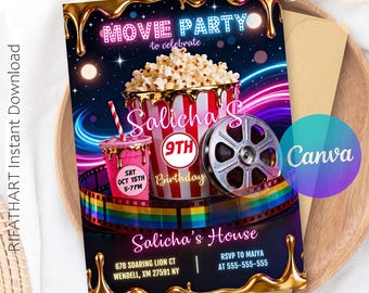 Op de afbeelding: Een uitnodiging voor een filmfeestje met een gouden en zwarte rand. De uitnodiging toont een popcornemmer, een drankje en een filmrol. De tekst luidt "Movie Party" en "Salicha's 9e verjaardag". De uitnodiging bevat evenementdetails en RSVP-informatie.