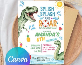 Plantilla de invitación para fiesta de dinosaurios en la piscina (descarga digital)