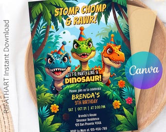 Edytowalne zaproszenie z dinozaurem, zaproszenie na imprezę T-Rex, zaproszenie na przyjęcie urodzinowe z dinozaurem, zaproszenie urodzinowe z dinozaurem, szablon Canva