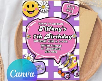 Retro Roller Skate Birthday Party Invitation: Editable Canva Template (Digital Download