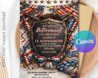 Editable Military Retirement Invitation, American Military Retirement Invitation Template, Printable Military Retirement Editable Canva R556