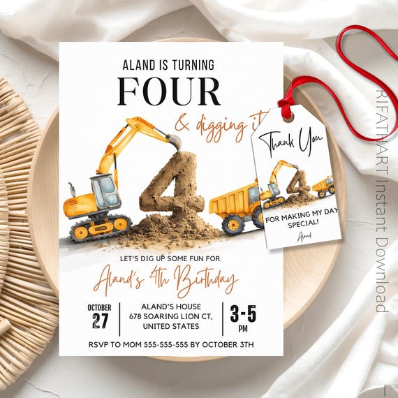 Construction Birthday Invitation, Boy Birthday Invite, Dump Truck Party Invite, 4th Birthday Invite, Editable Canva  R533