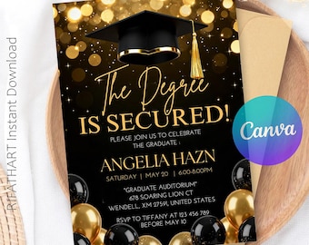Elegante zwart-gouden afstudeeruitnodiging, digitale feestkaart, ceremonieaankondiging, uniseks ontwerp, eenvoudige canvassjabloon