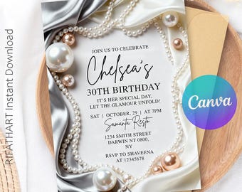 Invito per festa di compleanno con perle e raso, invito di compleanno con perle glamour, modello elegante per festa di compleanno per adulti in raso, invito elegante modificabile