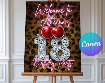18th Cheetah Print Birthday  Welcome Sign Template, Leopard Print, Girls Birthday  Welcome Sign  (18x24",  Arch D 24" x 36", A4 & A3 )