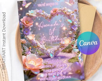Invitación de cumpleaños de mariposa, invitación de cumpleaños de mariposa, fiesta de mariposa para niña, invitación para el primer cumpleaños, quinto cumpleaños de niña, plantilla de Canva