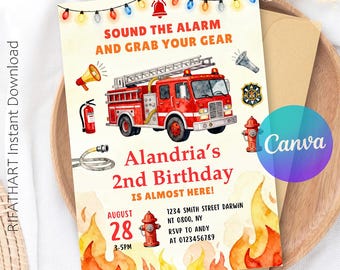 Fire Truck Birthday Invitation Template, Editable Canva (Digital Download)