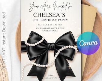 Pearls and Black bow Party Invitation, Glam Pearl Birthday Invite, Elegant Adult Birthday, Black Bow Party Template, Editable Canva R502