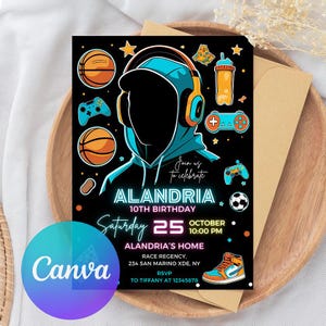 Boy Birthday Party Invitation Video Game Party, Basketball, Pizza & Music Theme, Editable Canva Template