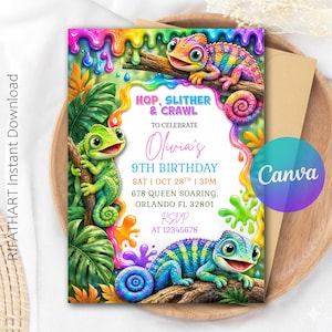 Könnte beinhalten: Eine Geburtstagseinladungskarte mit drei bunten Chamäleons auf Ästen, umgeben von regenbogenfarbenen Farbtropfen und tropischen Blättern. Der Text lautet: HOP, SLITHER & CRAWL TO CELEBRATE Olivia's 9TH BIRTHDAY SAT | OCT 28TH | 3PM 678 QUEEN SOARING, ORLANDO FL 32801 RSVP AT 12345678.