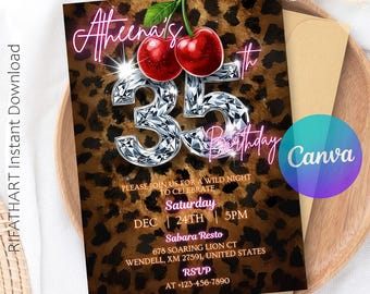 35th Cheetah Print Birthday Invitation & Vibes Leopard Print Evite, Cheetah Print, Leopard Print, Girls Birthday Invite