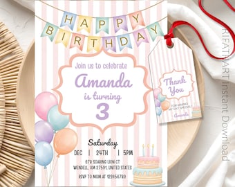 May include: A birthday invitation and matching gift tag with a pastel color scheme. The invitation features the text "Happy Birthday", "Amanda is turning 3", and event details. The gift tag says "Thank You".